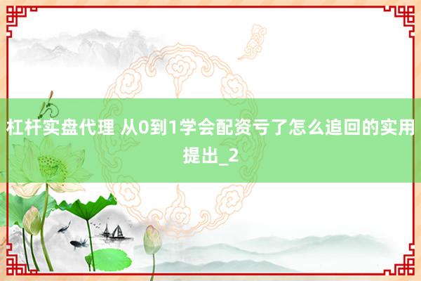 杠杆实盘代理 从0到1学会配资亏了怎么追回的实用提出_2